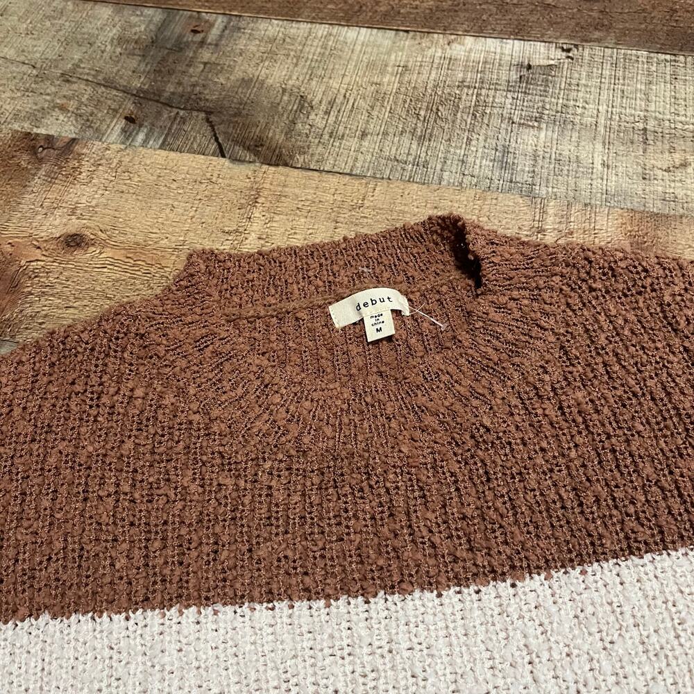 Debut NWOT Women's Brown Cream Blue Wide Stripe Cropped Sweater Sz M Cozy - Picture 4 of 4